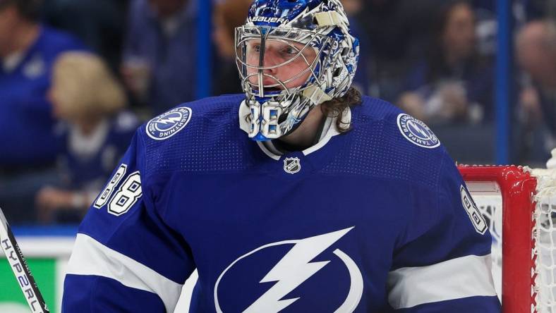 Apr 29, 2023; Tampa, Florida, USA; Tampa Bay Lightning goaltender Andrei Vasilevskiy (88) looks on against the Toronto Maple Leafs in the second period during game six of the first round of the 2023 Stanley Cup Playoffs at Amalie Arena. Mandatory Credit: Nathan Ray Seebeck-USA TODAY Sports