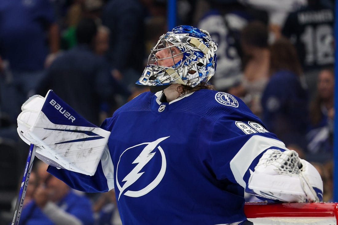 Apr 29, 2023; Tampa, Florida, USA; Tampa Bay Lightning goaltender Andrei Vasilevskiy (88) reacts after losing to the Toronto Maple Leafs in overtime during game six of the first round of the 2023 Stanley Cup Playoffs at Amalie Arena. Mandatory Credit: Nathan Ray Seebeck-USA TODAY Sports