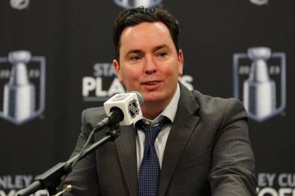 May 6, 2023; Las Vegas, Nevada, USA; Edmonton Oilers head coach Jay Woodcroft fields questions in a press conference after the Oilers defeated the Vegas Golden Knights in game two of the second round of the 2023 Stanley Cup Playoffs at T-Mobile Arena. Mandatory Credit: Stephen R. Sylvanie-USA TODAY Sports