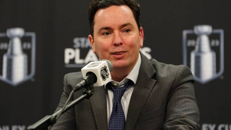 May 6, 2023; Las Vegas, Nevada, USA; Edmonton Oilers head coach Jay Woodcroft fields questions in a press conference after the Oilers defeated the Vegas Golden Knights in game two of the second round of the 2023 Stanley Cup Playoffs at T-Mobile Arena. Mandatory Credit: Stephen R. Sylvanie-USA TODAY Sports