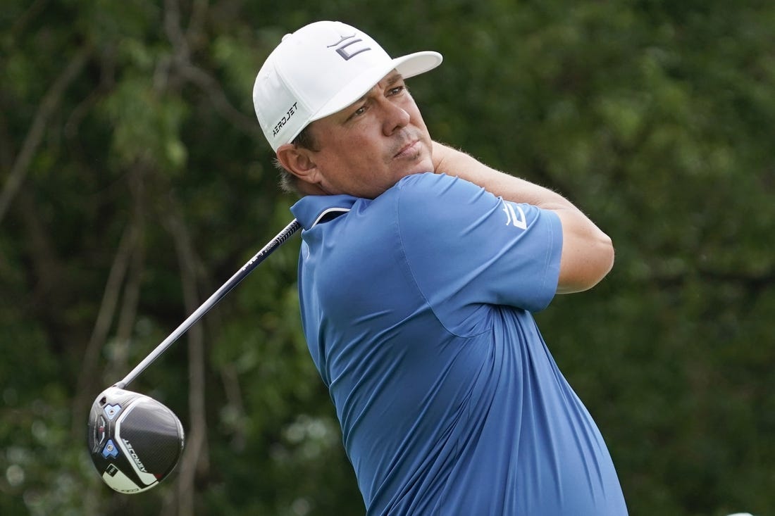 May 11, 2023; McKinney, Texas, USA; Jason Dufner plays his shot from the fifth tee during the first round of the AT&T Byron Nelson golf tournament. Mandatory Credit: Raymond Carlin III-USA TODAY Sports