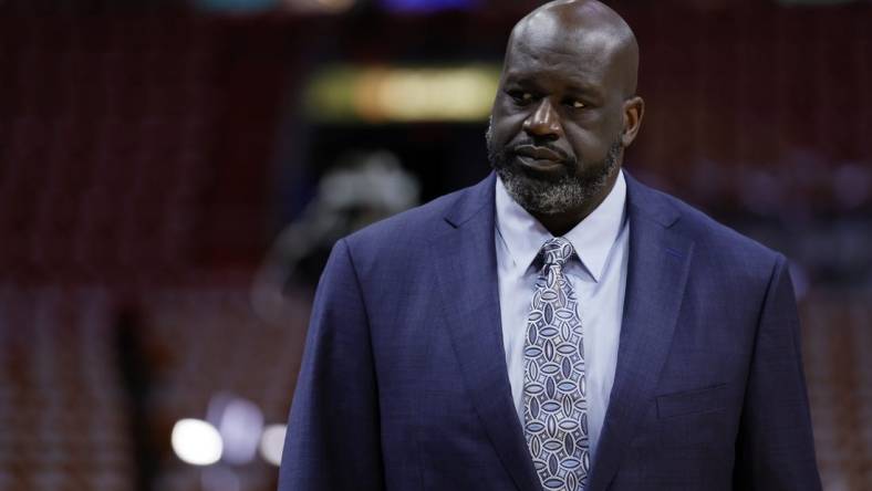 May 23, 2023; Miami, Florida, USA; Shaquille O'Neal looks on before game four between the Miami Heat and the Boston Celtics in the Eastern Conference Finals for the 2023 NBA playoffs at Kaseya Center. Mandatory Credit: Sam Navarro-USA TODAY Sports