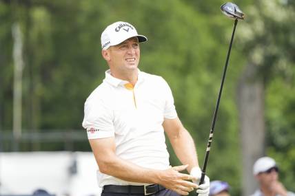 May 27, 2023; Fort Worth, Texas, USA; Alex Noren watches his shot from the third tee during the third round of the Charles Schwab Challenge golf tournament. Mandatory Credit: Jim Cowsert-USA TODAY Sports