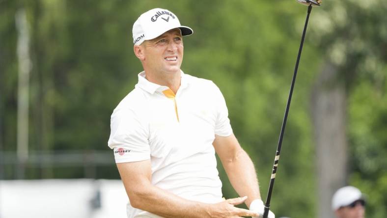 May 27, 2023; Fort Worth, Texas, USA; Alex Noren watches his shot from the third tee during the third round of the Charles Schwab Challenge golf tournament. Mandatory Credit: Jim Cowsert-USA TODAY Sports