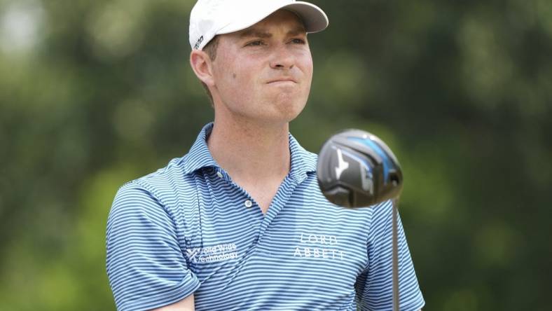 May 27, 2023; Fort Worth, Texas, USA; Ben Griffin watches his shot from the third tee during the third round of the Charles Schwab Challenge golf tournament. Mandatory Credit: Jim Cowsert-USA TODAY Sports