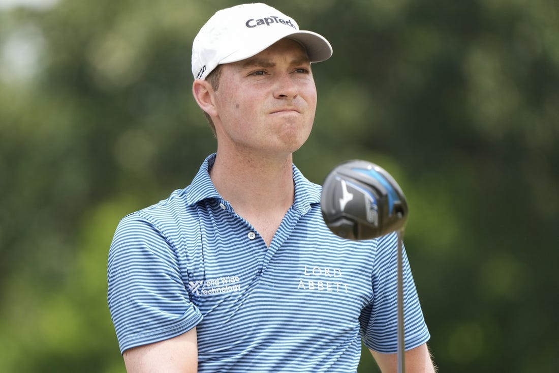 May 27, 2023; Fort Worth, Texas, USA; Ben Griffin watches his shot from the third tee during the third round of the Charles Schwab Challenge golf tournament. Mandatory Credit: Jim Cowsert-USA TODAY Sports