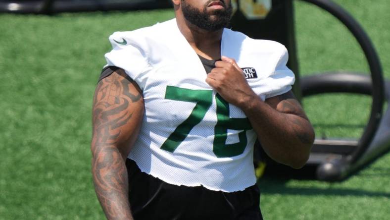 Florham Park, NJ May 31, 2023 -- Offensive tackle Duane Brown during the Jets OTA.