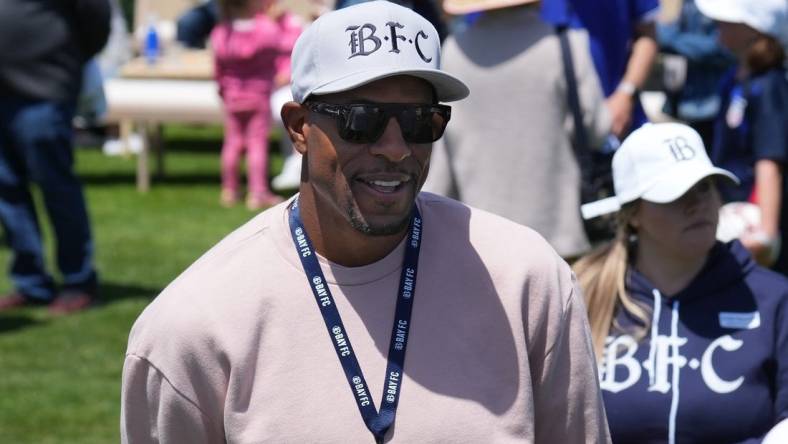 Jun 3, 2023; San Francisco, California, USA; Golden State Warriors former player Andre Iguodala talks to fans during the Bay FC Day for the Bay event at Presidio Main Post Lawn. Mandatory Credit: Darren Yamashita-USA TODAY Sports