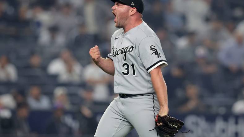 Jun 6, 2023; Bronx, New York, USA; Chicago White Sox relief pitcher Liam Hendriks (31) reacts after getting the final out against the New York Yankees at Yankee Stadium. Mandatory Credit: Brad Penner-USA TODAY Sports