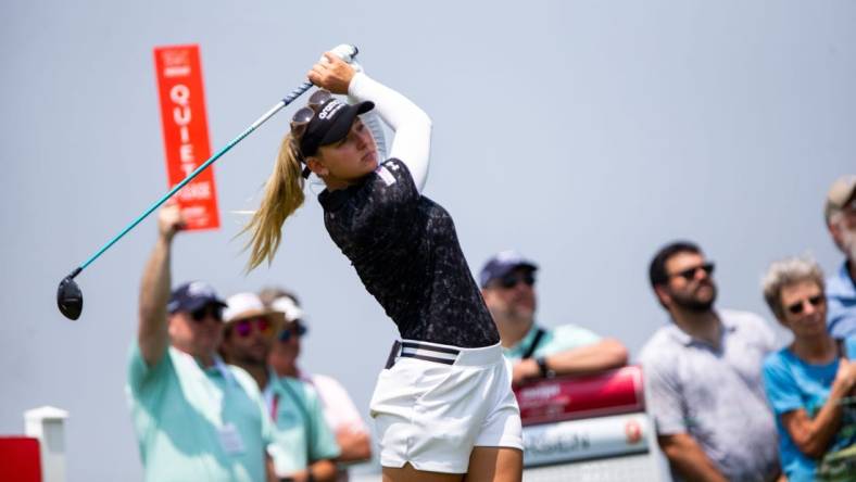 Emily Kristine Pedersen tees off during the third round of the Meijer LPGA Classic Saturday, June 17, 2023, at Blythefield Country Club in Belmont, MI.