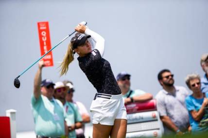 Emily Kristine Pedersen tees off during the third round of the Meijer LPGA Classic Saturday, June 17, 2023, at Blythefield Country Club in Belmont, MI.