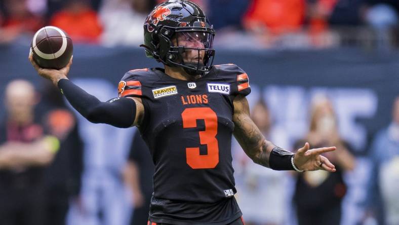 Jun 17, 2023; Vancouver, British Columbia, CAN; BC Lions quarterback Vernon Adams Jr. (3) makes a pass against the Edmonton Elks in the second half at BC Place. BC won 22-0. Mandatory Credit: Bob Frid-USA TODAY Sports