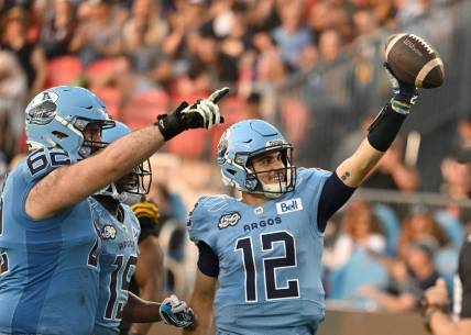 Jun 18, 2023; Toronto, Ontario, CAN;  Toronto Argonauts quarter Chad Kelly (2) celebrates after scoring a touchdown against the Hamilton Tiger-Cats in the second quarter at BMO Field. Mandatory Credit: Dan Hamilton-USA TODAY Sports
