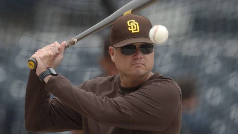 Jun 27, 2023; Pittsburgh, Pennsylvania, USA; San Diego Padres senior advisor to player development & major leagues Mike Shildt (8) before the game against the Pittsburgh Pirates at PNC Park. Mandatory Credit: Charles LeClaire-USA TODAY Sports