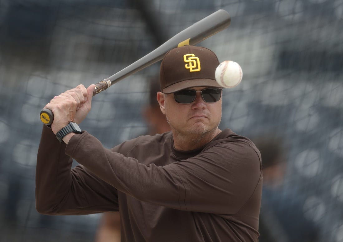 Jun 27, 2023; Pittsburgh, Pennsylvania, USA; San Diego Padres senior advisor to player development & major leagues Mike Shildt (8) before the game against the Pittsburgh Pirates at PNC Park. Mandatory Credit: Charles LeClaire-USA TODAY Sports