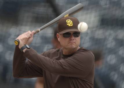 Jun 27, 2023; Pittsburgh, Pennsylvania, USA; San Diego Padres senior advisor to player development & major leagues Mike Shildt (8) before the game against the Pittsburgh Pirates at PNC Park. Mandatory Credit: Charles LeClaire-USA TODAY Sports