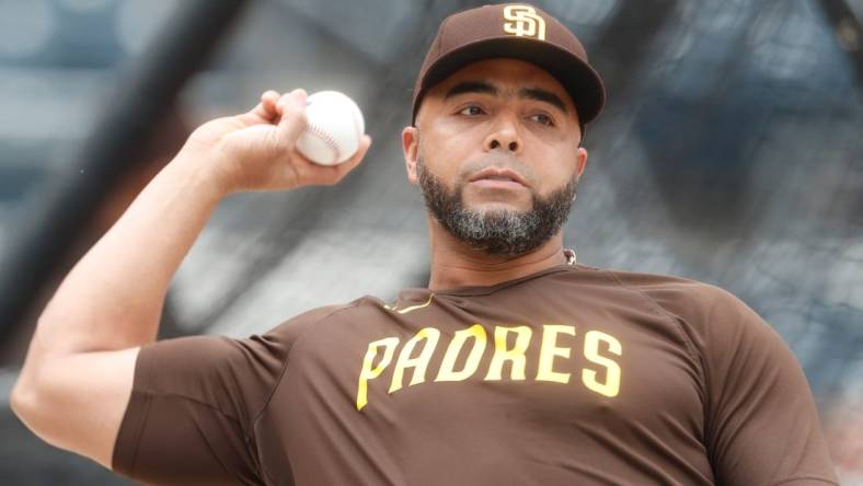 Jun 27, 2023; Pittsburgh, Pennsylvania, USA;  San Diego Padres designated hitter Nelson Cruz  (32) warms up  before the game against the Pittsburgh Pirates at PNC Park. Mandatory Credit: Charles LeClaire-USA TODAY Sports