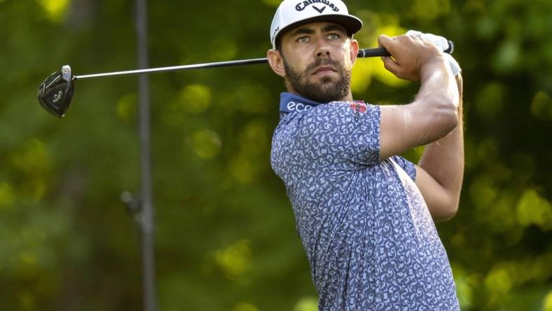 Jul 6, 2023; Silvis, Illinois, USA;  Erik van Rooyen tees off on the second hole during the first round of the John Deere Classic golf tournament. Mandatory Credit: Marc Lebryk-USA TODAY Sports