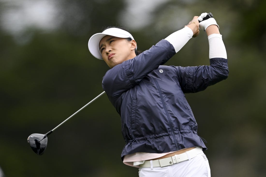 Jul 7, 2023; Pebble Beach, California, USA; Amy Yang tees off on the 14th hole during the second round of the U.S. Women's Open golf tournament at Pebble Beach Golf Links. Mandatory Credit: Kelvin Kuo-USA TODAY Sports
