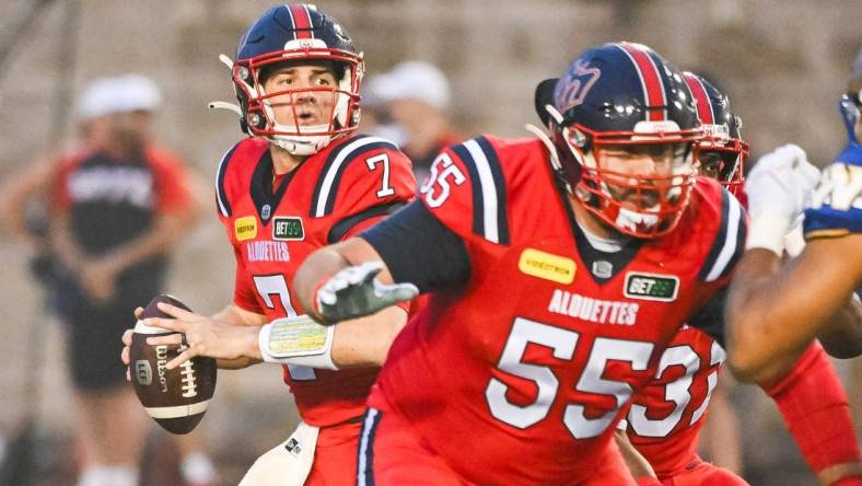 Jul 1, 2023; Montreal, Quebec, CAN; Montreal Alouettes quarterback Cody Fajardo (7) against the Winnipeg Blue Bombers during the first quarter at Percival Molson Memorial Stadium. Mandatory Credit: David Kirouac-USA TODAY Sports