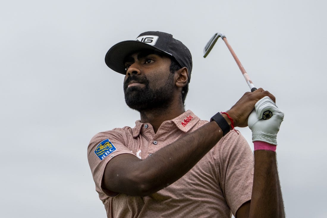 July 18, 2023; Hoylake, ENGLAND, GBR; Sahith Theegala hits his tee shot on the fifth hole during a practice round of The Open Championship golf tournament at Royal Liverpool. Mandatory Credit: Kyle Terada-USA TODAY Sports
