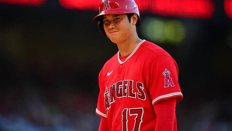 Los Angeles Angels designated hitter Shohei Ohtani (17) could be headed for a $500 million payday in free agency. Mandatory Credit: Gary A. Vasquez-USA TODAY Sports