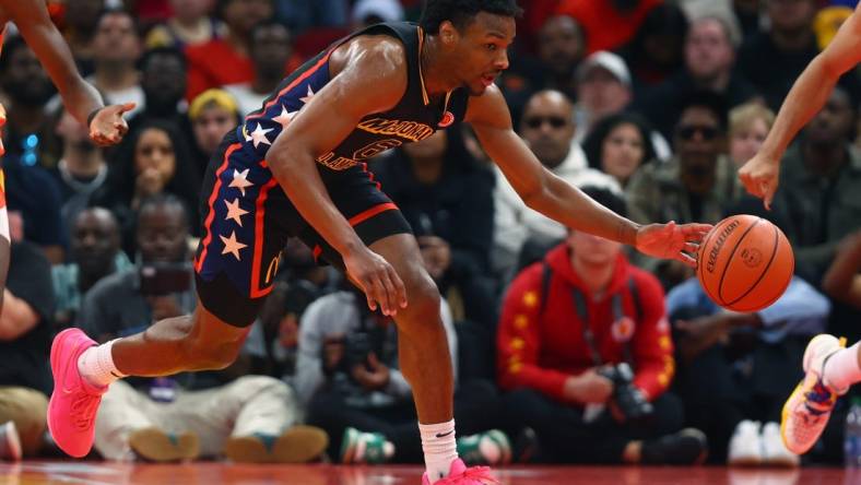 Bronny James (6) during the McDonald's All American boys high school basketball game at Toyota Center. Mandatory Credit: Mark J. Rebilas-USA TODAY Sports