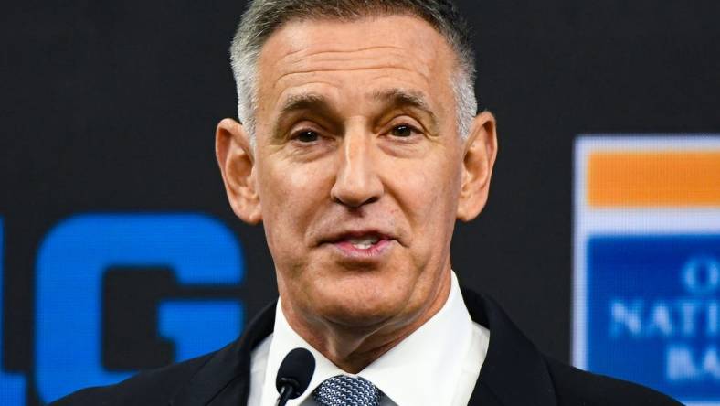 Jul 26, 2023; Indianapolis, IN, USA;  Big Ten commissioner Tony Petitti speaks to the media during Big 10 football media days at Lucas Oil Stadium. Mandatory Credit: Robert Goddin-USA TODAY Sports