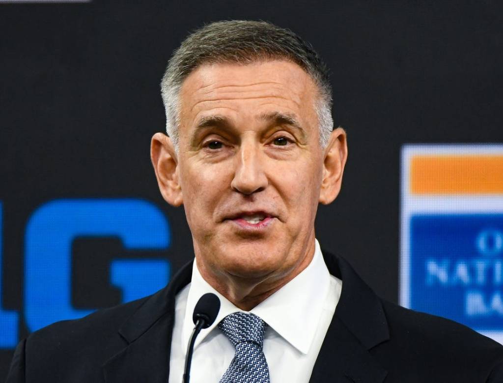 Jul 26, 2023; Indianapolis, IN, USA;  Big Ten commissioner Tony Petitti speaks to the media during Big 10 football media days at Lucas Oil Stadium. Mandatory Credit: Robert Goddin-USA TODAY Sports