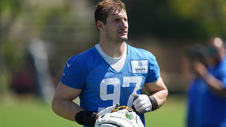 Jul 26, 2023; Costa Mesa, CA, USA; Los Angeles Chargers defensive end Joey Bosa (97) during training camp at Jack Hammet Sports Comples. Mandatory Credit: Kirby Lee-USA TODAY Sports