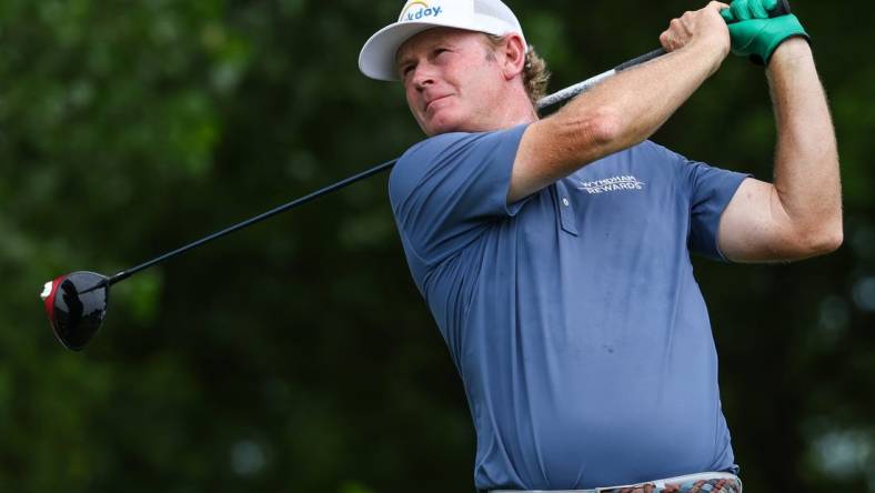 Jul 27, 2023; Blaine, Minnesota, USA; Brandt Snedeker hits his tee shot on the 11th hole during the first round of the 3M Open golf tournament. Mandatory Credit: Matt Krohn-USA TODAY Sports