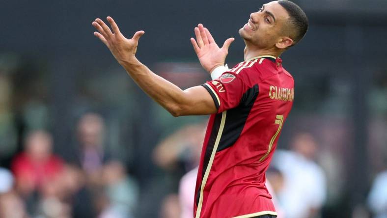 Jul 25, 2023; Fort Lauderdale, FL, USA;  Atlanta United FC forward Giorgos Giakoumakis (7) reacts after a play against Inter Miami CF in the first half during a Leagues Cup match at DRV PNK Stadium. Mandatory Credit: Nathan Ray Seebeck-USA TODAY Sports