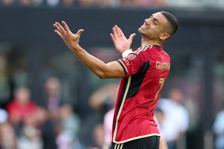 Jul 25, 2023; Fort Lauderdale, FL, USA;  Atlanta United FC forward Giorgos Giakoumakis (7) reacts after a play against Inter Miami CF in the first half during a Leagues Cup match at DRV PNK Stadium. Mandatory Credit: Nathan Ray Seebeck-USA TODAY Sports