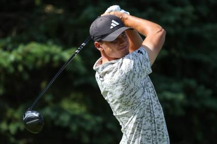 Jul 29, 2023; Blaine, Minnesota, USA; Ludvig Aberg hits his tee shot on the second hole during the third round of the 3M Open golf tournament. Mandatory Credit: Matt Krohn-USA TODAY Sports