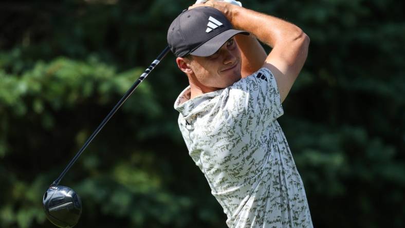 Jul 29, 2023; Blaine, Minnesota, USA; Ludvig Aberg hits his tee shot on the second hole during the third round of the 3M Open golf tournament. Mandatory Credit: Matt Krohn-USA TODAY Sports