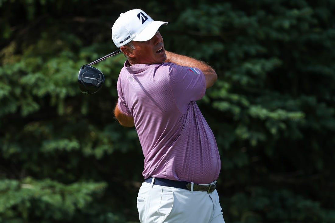 Jul 29, 2023; Blaine, Minnesota, USA; Matt Kuchar hits his tee shot on the second hole during the third round of the 3M Open golf tournament. Mandatory Credit: Matt Krohn-USA TODAY Sports