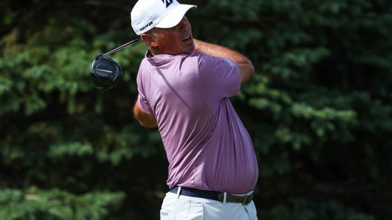 Jul 29, 2023; Blaine, Minnesota, USA; Matt Kuchar hits his tee shot on the second hole during the third round of the 3M Open golf tournament. Mandatory Credit: Matt Krohn-USA TODAY Sports