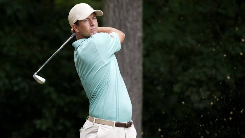 Aug 4, 2023; Greensboro, North Carolina, USA; Adam Scott plays from the 2nd tee during the second round of the Wyndham Championship golf tournament. Mandatory Credit: David Yeazell-USA TODAY Sports