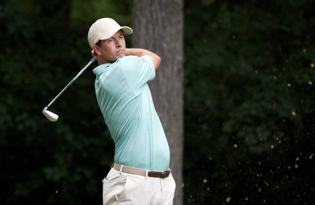 Aug 4, 2023; Greensboro, North Carolina, USA; Adam Scott plays from the 2nd tee during the second round of the Wyndham Championship golf tournament. Mandatory Credit: David Yeazell-USA TODAY Sports