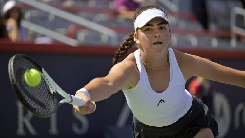 Aug 5, 2023; Montreal, Quebec, Canada; Marina Stakusic (CAN) hits a forehand against Alycia Parks (USA) (not pictured) in first round qualifying play at IGA Stadium. Mandatory Credit: Eric Bolte-USA TODAY Sports