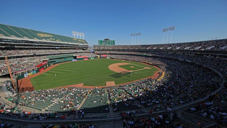 Aug 5, 2023; Oakland, California, USA; An overhead view of the stadium during the fourth inning of the game between the Oakland Athletics and the San Francisco Giants at Oakland-Alameda County Coliseum. Mandatory Credit: Darren Yamashita-USA TODAY Sports