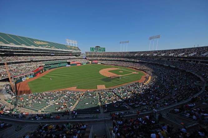 Aug 5, 2023; Oakland, California, USA; An overhead view of the stadium during the fourth inning of the game between the Oakland Athletics and the San Francisco Giants at Oakland-Alameda County Coliseum. Mandatory Credit: Darren Yamashita-USA TODAY Sports