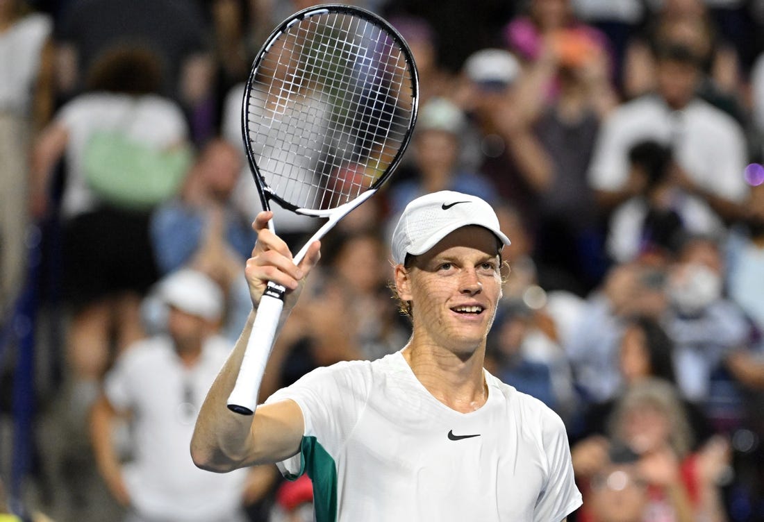 Aug 12, 2023; Toronto, Ontario, Canada; Jannik Sinner (ITA) celebrates after defeating Tommy Paul (USA) (not pictured) in semi-final play at Sobeys Stadium. Mandatory Credit: Dan Hamilton-USA TODAY Sports