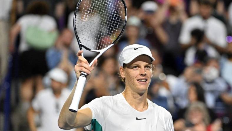 Aug 12, 2023; Toronto, Ontario, Canada; Jannik Sinner (ITA) celebrates after defeating Tommy Paul (USA) (not pictured) in semi-final play at Sobeys Stadium. Mandatory Credit: Dan Hamilton-USA TODAY Sports