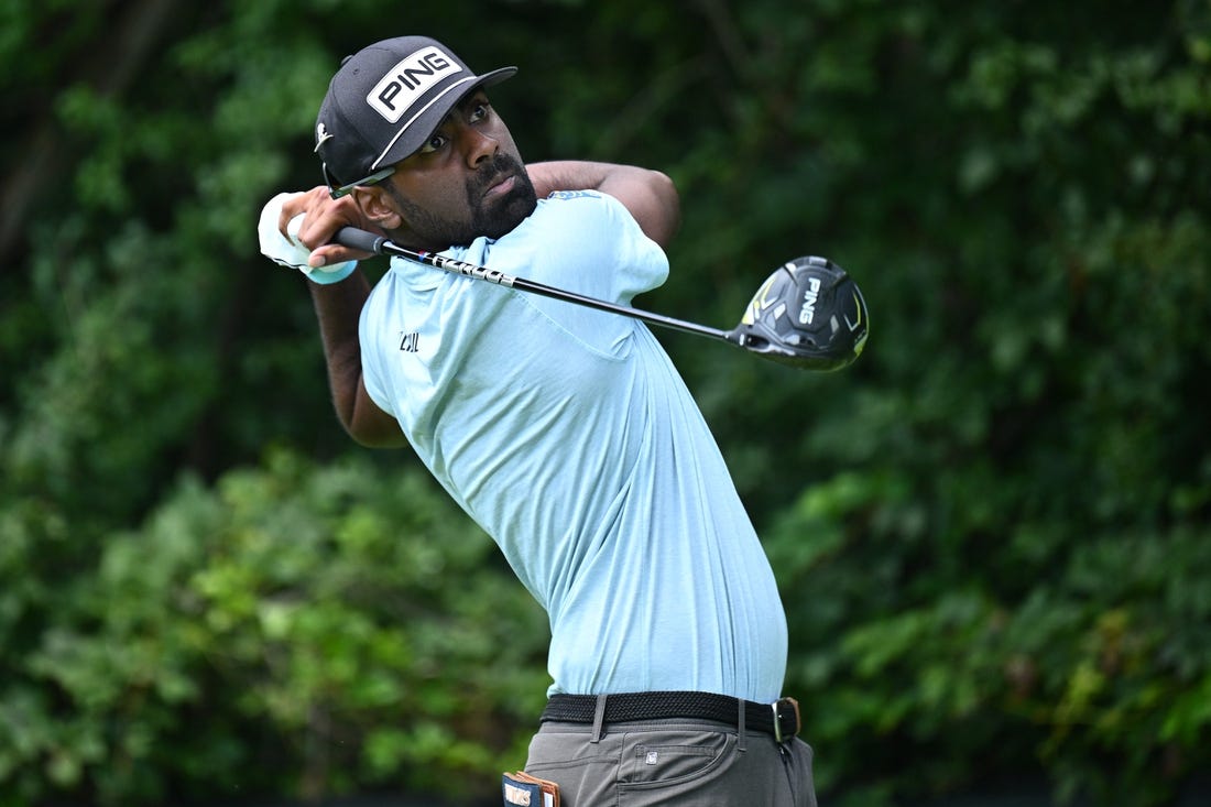 Aug 17, 2023; Olympia Fields, Illinois, USA; Sahith Theegala tees off from the second tee during the first round of the BMW Championship golf tournament. Mandatory Credit: Jamie Sabau-USA TODAY Sports