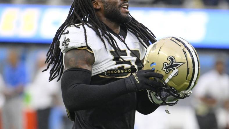 Aug 20, 2023; Inglewood, California, USA; New Orleans Saints linebacker Jaylon Smith (59) during pregame warmups against the Los Angeles Chargers at SoFi Stadium. Mandatory Credit: Robert Hanashiro-USA TODAY Sports