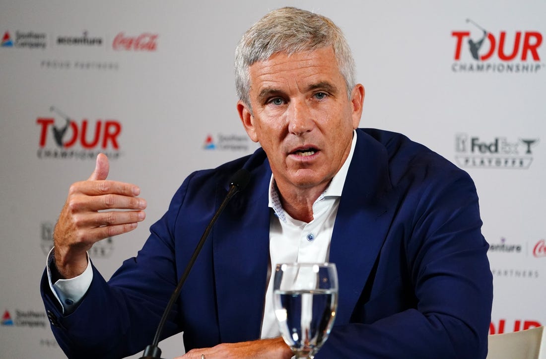 Aug 22, 2023; Atlanta, Georgia, USA; PGA Tour Commissioner Jay Monahan addresses the media during a press conference in the Clubhouse Ballroom at East Lake Golf Club prior to Thursday s start of the TOUR Championship golf tournament. Mandatory Credit: John David Mercer-USA TODAY Sports