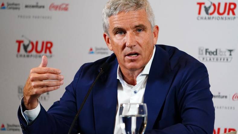 Aug 22, 2023; Atlanta, Georgia, USA; PGA Tour Commissioner Jay Monahan addresses the media during a press conference in the Clubhouse Ballroom at East Lake Golf Club prior to Thursday s start of the TOUR Championship golf tournament. Mandatory Credit: John David Mercer-USA TODAY Sports