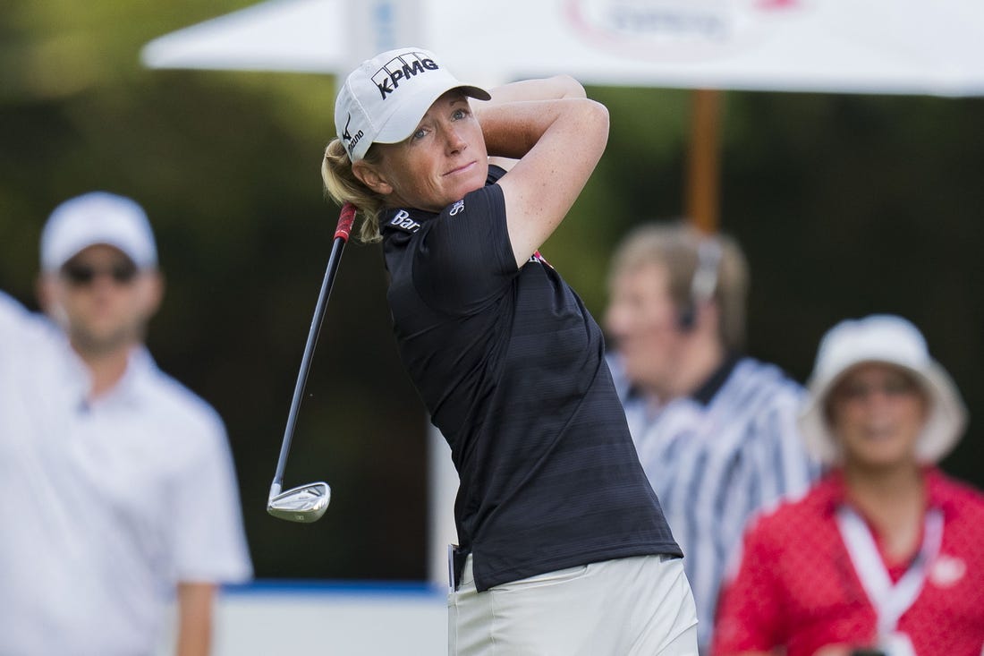 Aug 24, 2023; Vancouver, British Columbia, CAN; Stacy Lewis tees off on the seventeenth hole during the first round of the CPKC Women's Open golf tournament at Shaughnessy Golf & Country Club. Mandatory Credit: Bob Frid-USA TODAY Sports