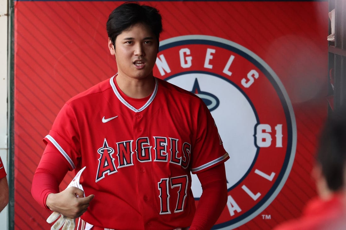 Aug 22, 2023; Anaheim, California, USA;  Los Angeles Angels designated hitter Shohei Ohtani (17) in the dugout during the MLB game against the Cincinnati Reds at Angel Stadium. Mandatory Credit: Kiyoshi Mio-USA TODAY Sports